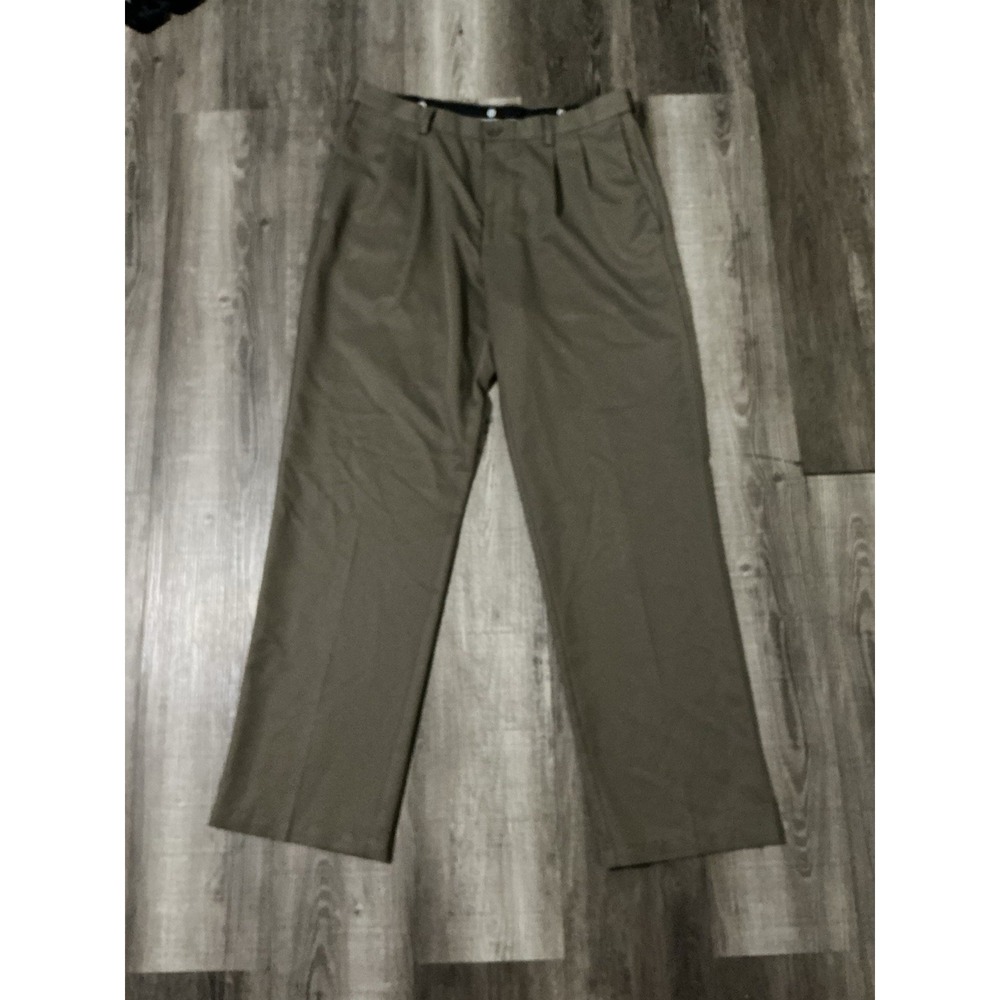 Haggar Brown Gray Mens Dress Pants 35x32 Pleated Polyester Trousers